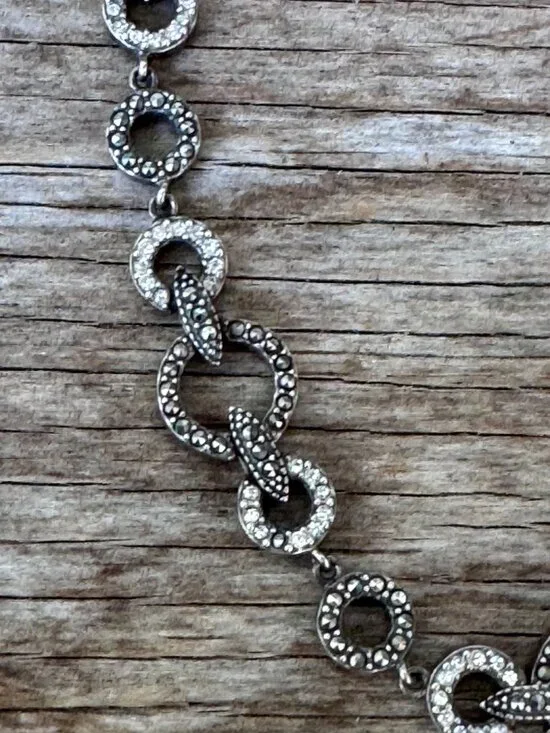 Sterling Silver Link Bracelet 925 Marcasite Style Circle Link Lobster Clasp 7” 1 - Picture 2 of 8